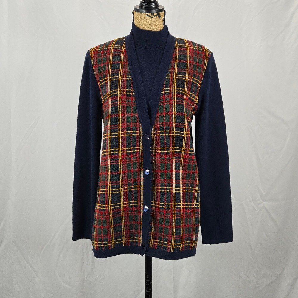 Sag Harbor Women Navy Plaid‎ Faux Cardigan Pullover Sweater Medium Academia